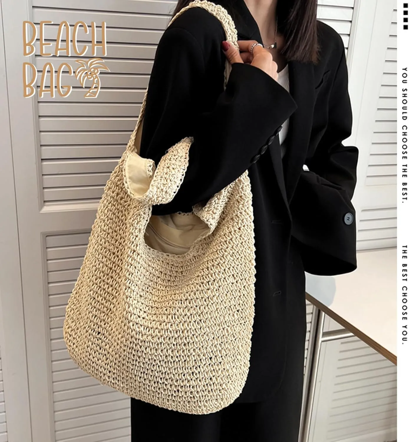 hatisan Straw Beach Bag for Women Summer Woven Beach Tote Bag Shoulder Handbags Boho Bag