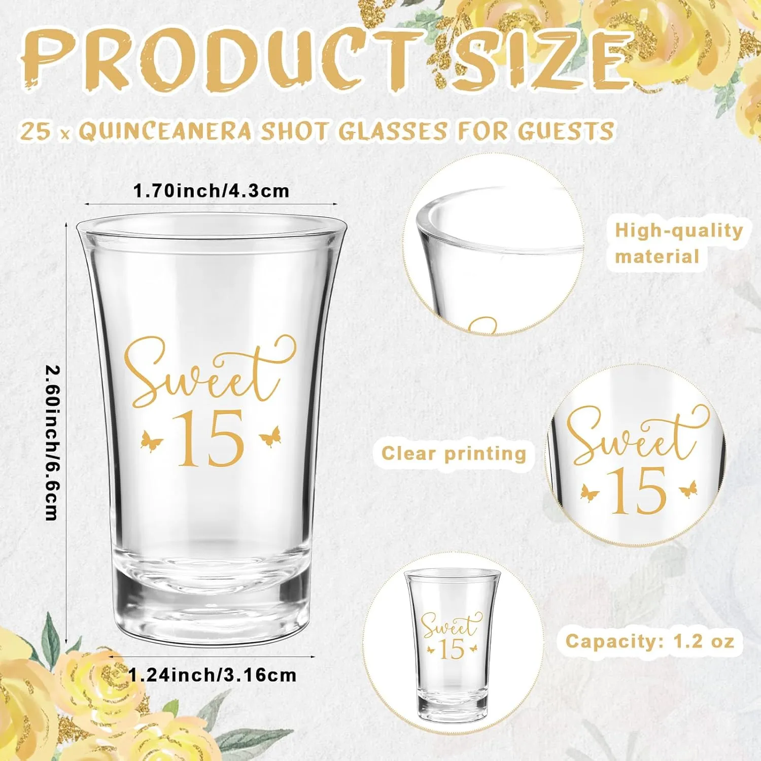 Havawish Quinceanera Party Favors for Guests Golden Sweet 15 Acrylic Clear Shot Glasses with Thank You Cards Organza Bags Mis Quince Anos Quinceanera 15th Birthday Party Favors