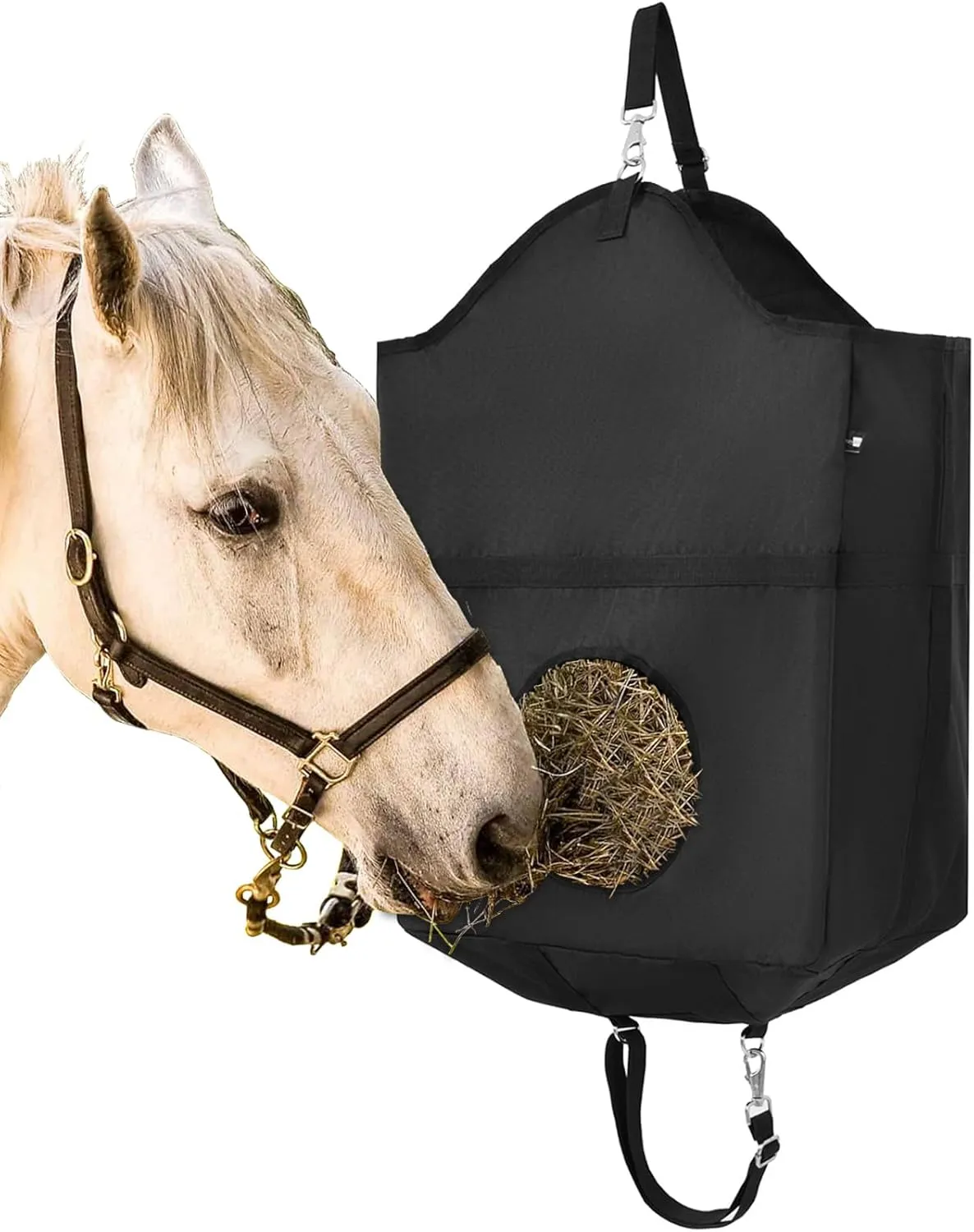 Hay Feeder Bag, Reinforced 1000D Hay Bags for Horses, Large Capacity Goat Hay Feeder, Heavy Duty Slow Feed Hay Bag for Sheep, Pony, Donkey with Strong Metal Clips & Adjustable Straps, Black