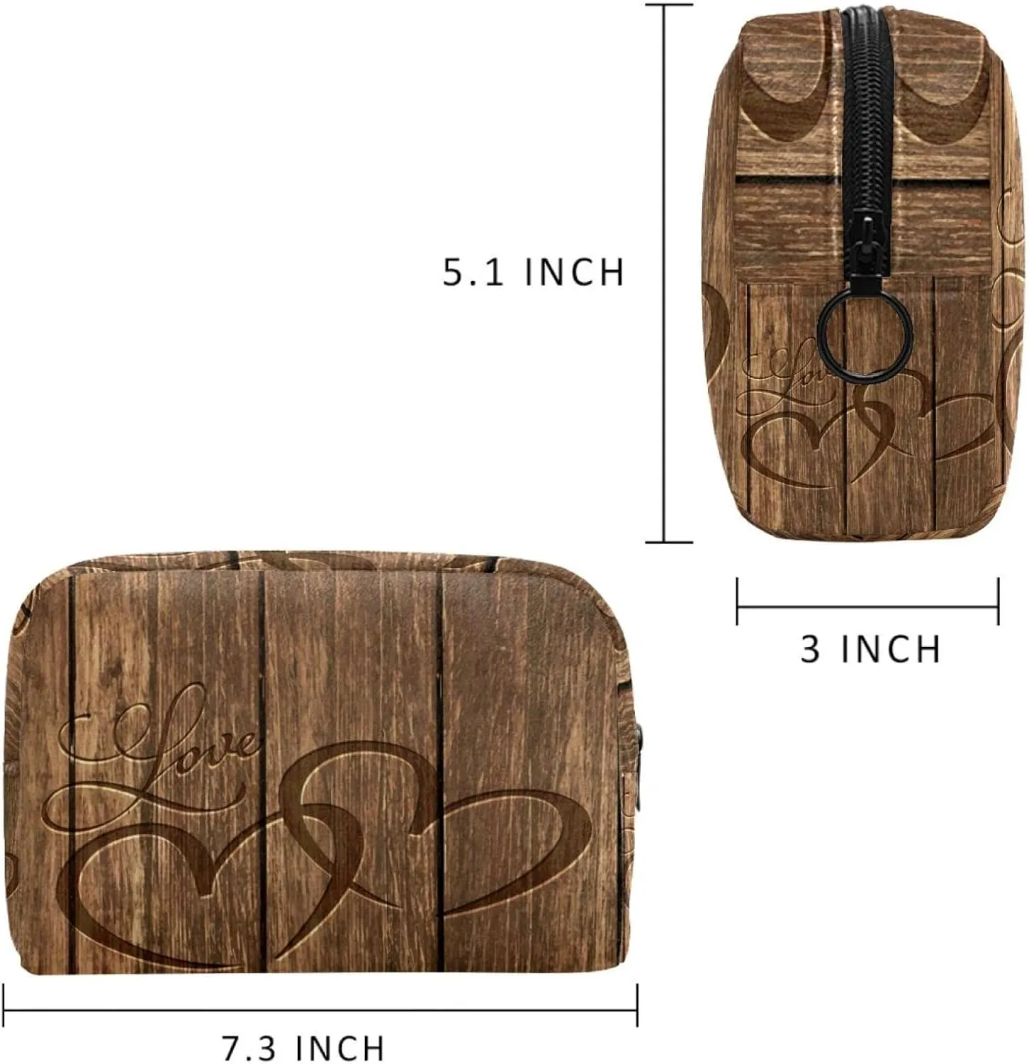 Heart Carved in Wood Background Small Makeup Bags for Women Teen Girls, Makeup Storage Bag with Zipper Accessories Organizer Bag for Travelling