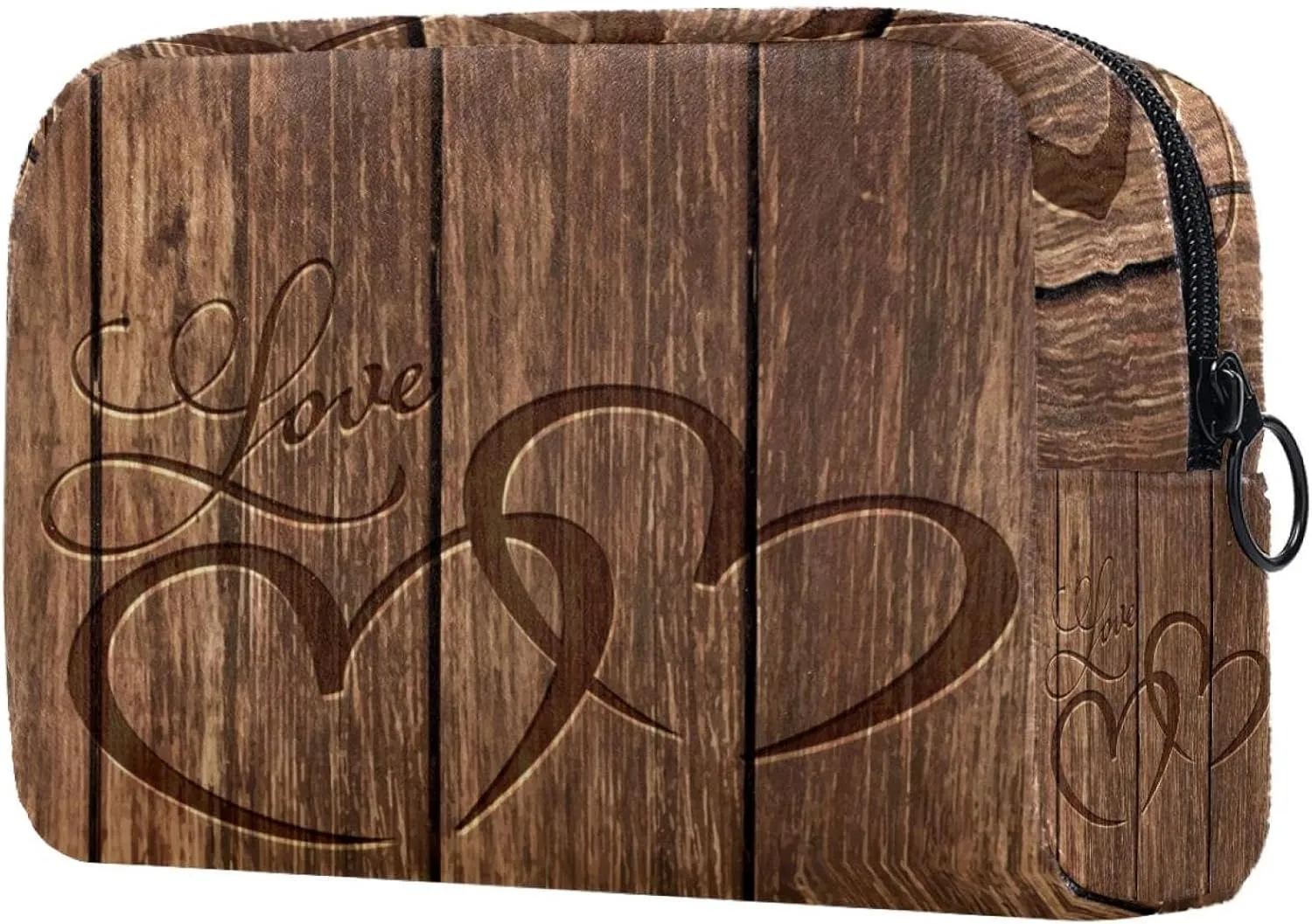 Heart Carved in Wood Background Small Makeup Bags for Women Teen Girls, Makeup Storage Bag with Zipper Accessories Organizer Bag for Travelling