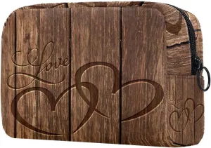 Heart Carved in Wood Background Small Makeup Bags for Women Teen Girls, Makeup Storage Bag with Zipper Accessories Organizer Bag for Travelling