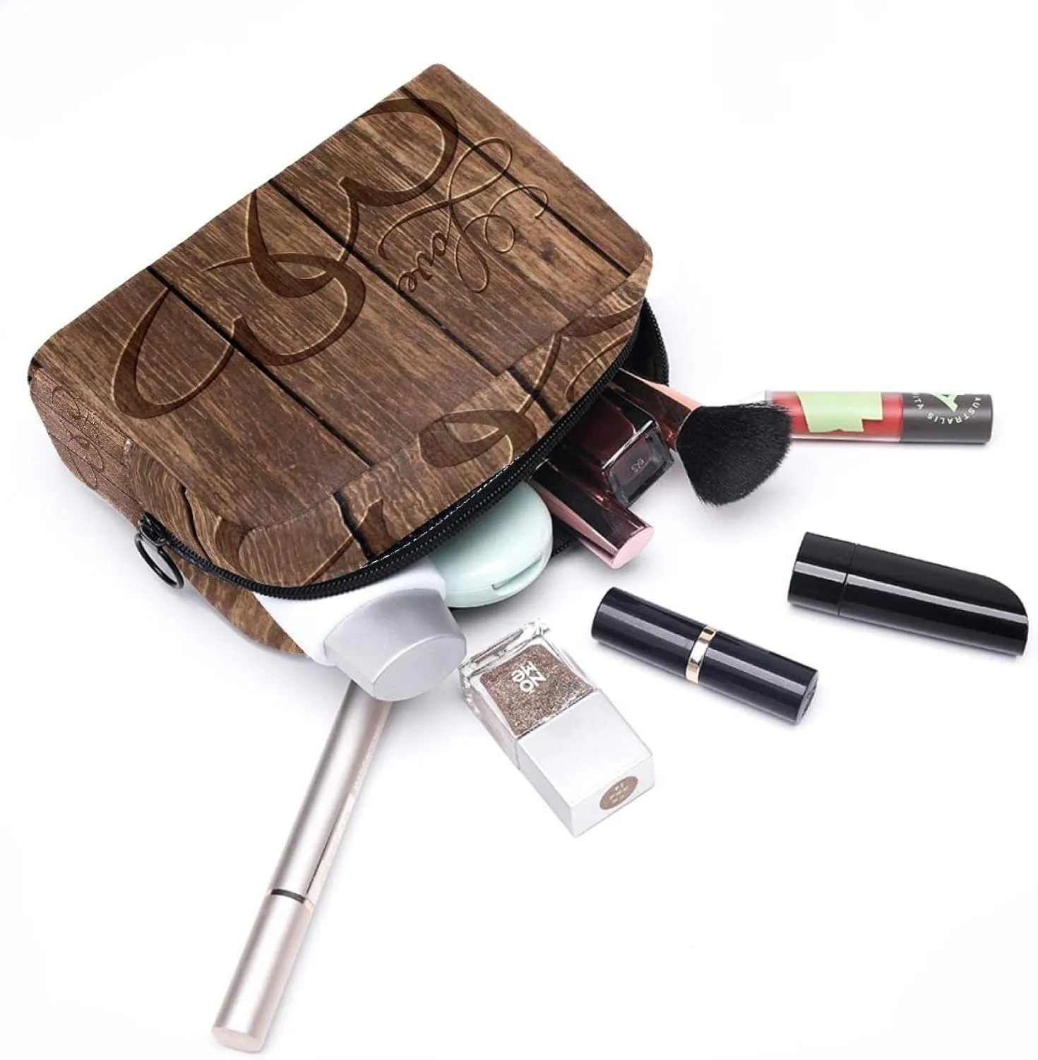 Heart Carved in Wood Background Small Makeup Bags for Women Teen Girls, Makeup Storage Bag with Zipper Accessories Organizer Bag for Travelling