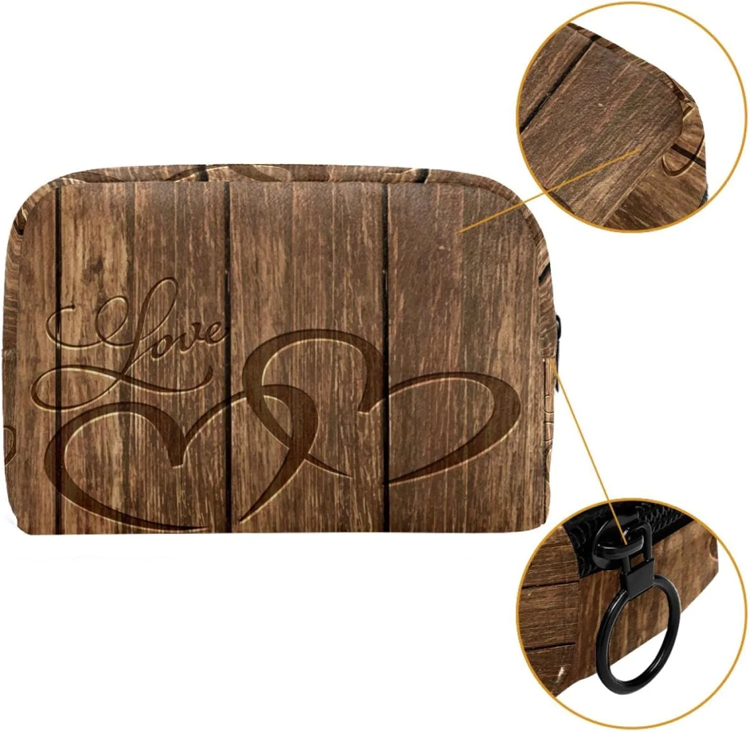 Heart Carved in Wood Background Small Makeup Bags for Women Teen Girls, Makeup Storage Bag with Zipper Accessories Organizer Bag for Travelling