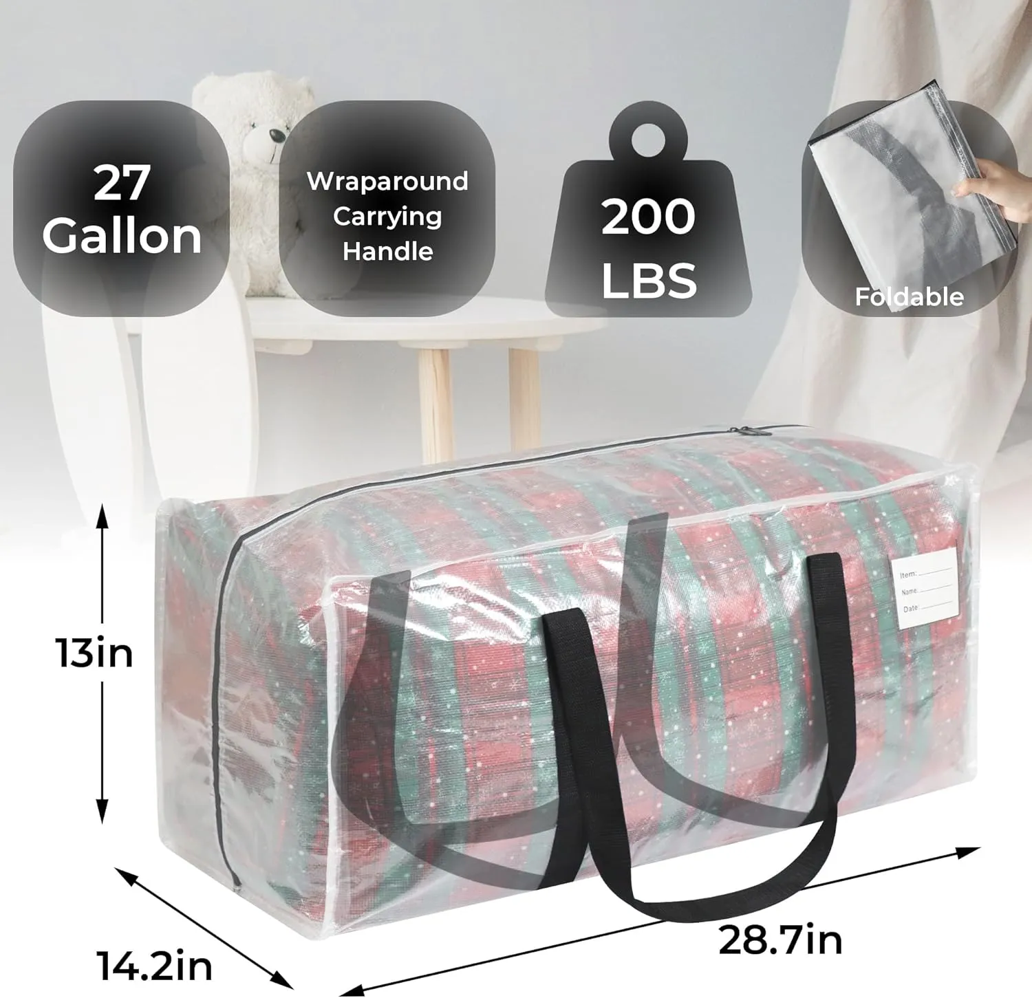 Heavy Duty Moving Bags, 6 Pack with Full Wrap Carry Handles and Double Zippers, 27 Gallon- 200lbs Large Storage Bins，with Labeled Window for Clothing, Bedding Storage, Packing Bags for Moving