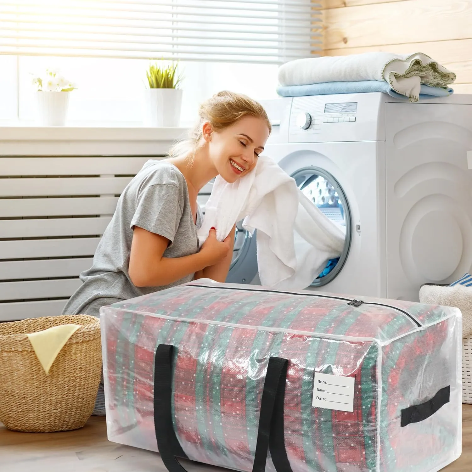Heavy Duty Moving Bags, 6 Pack with Full Wrap Carry Handles and Double Zippers, 27 Gallon- 200lbs Large Storage Bins，with Labeled Window for Clothing, Bedding Storage, Packing Bags for Moving