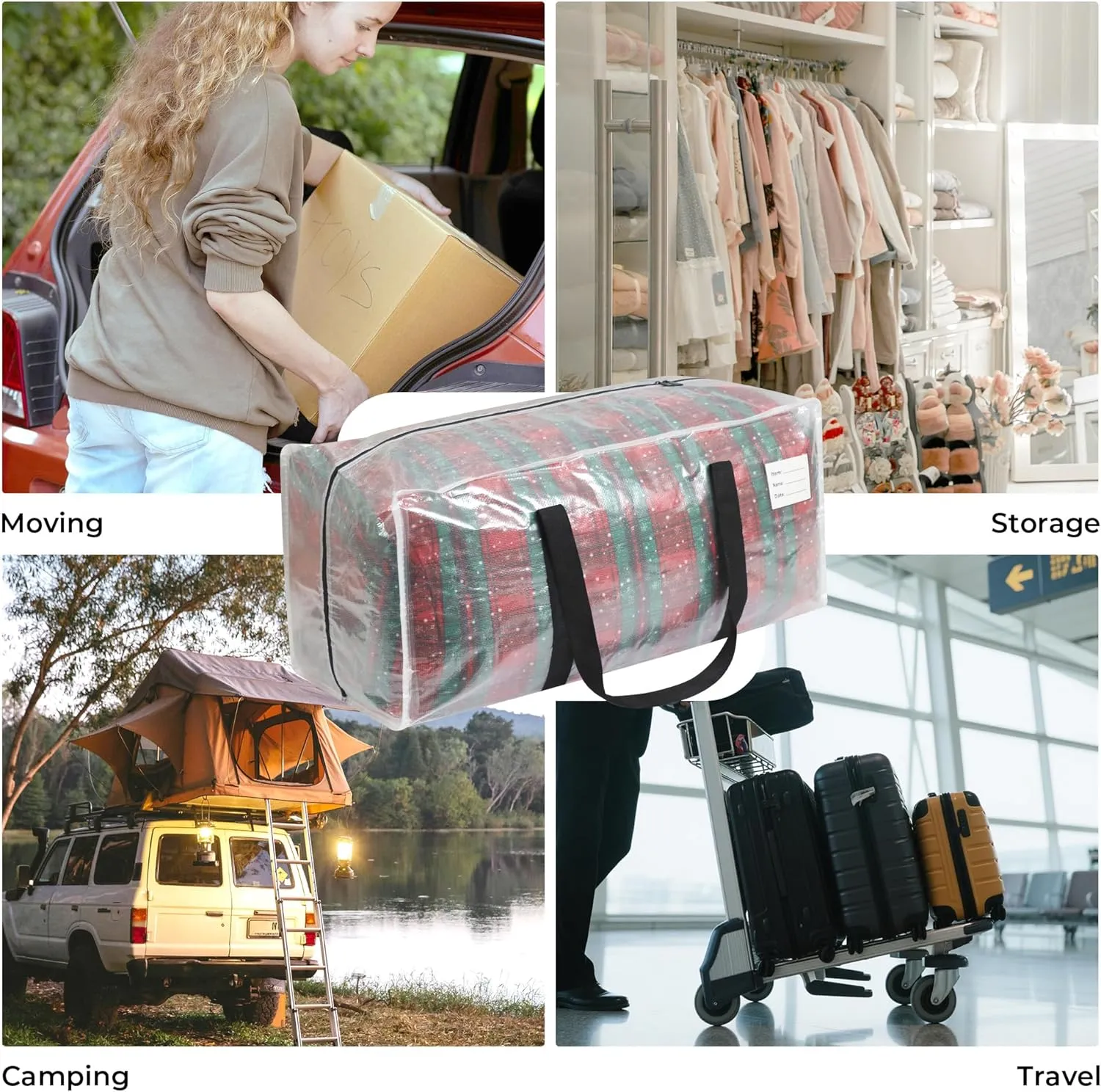 Heavy Duty Moving Bags, 6 Pack with Full Wrap Carry Handles and Double Zippers, 27 Gallon- 200lbs Large Storage Bins，with Labeled Window for Clothing, Bedding Storage, Packing Bags for Moving