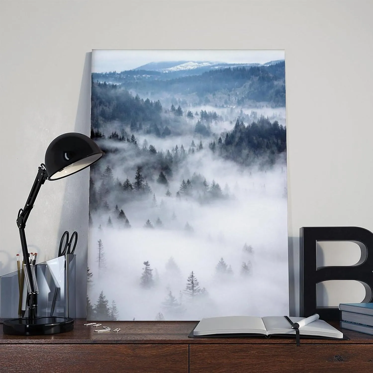 HEOVI Mountain Forest, Modern Blue Nature Photography, Landscape Digital Canvas Posters Wall Art Bedroom Office Room Decor Gift Frame-style 12x18inch(30x45cm)