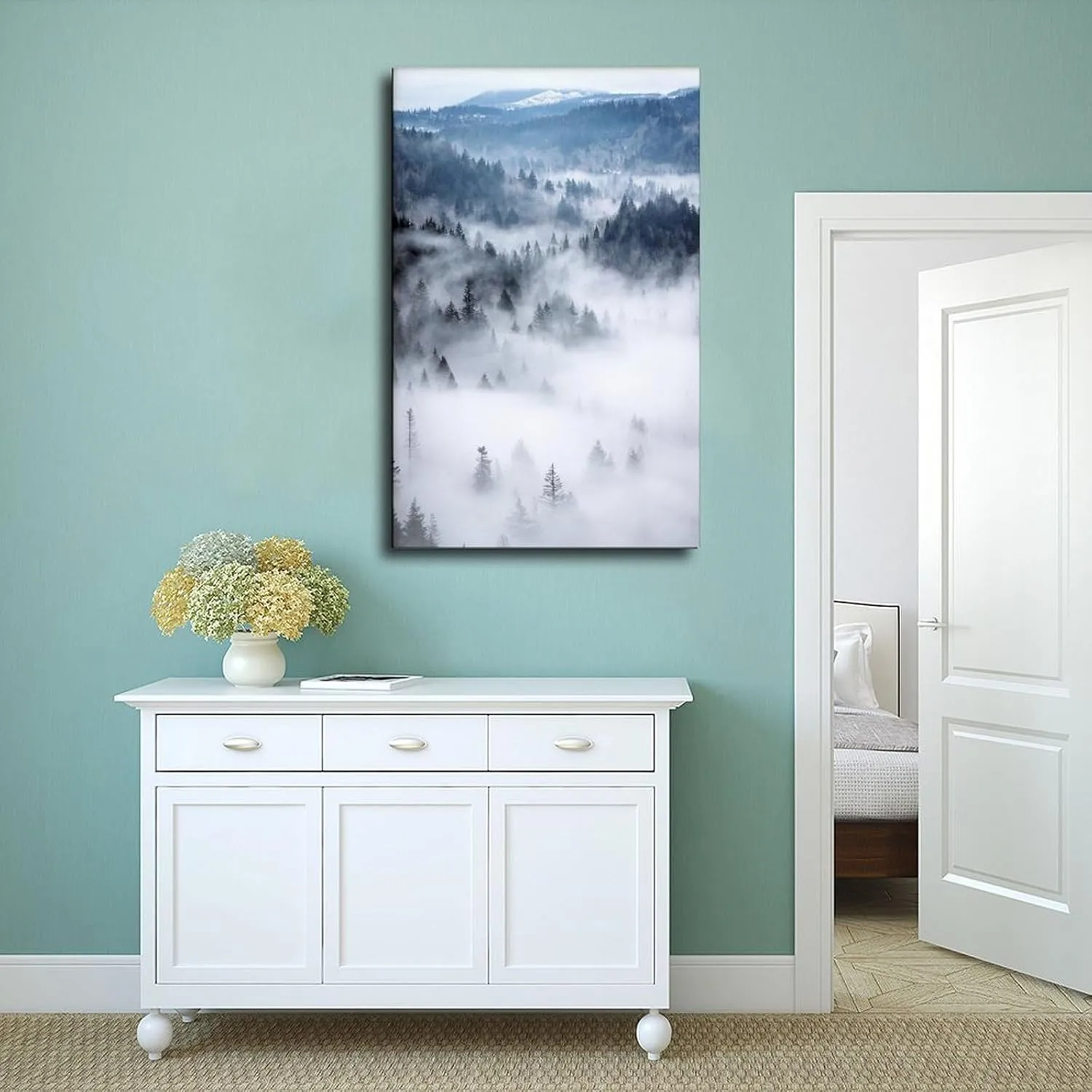 HEOVI Mountain Forest, Modern Blue Nature Photography, Landscape Digital Canvas Posters Wall Art Bedroom Office Room Decor Gift Frame-style 12x18inch(30x45cm)