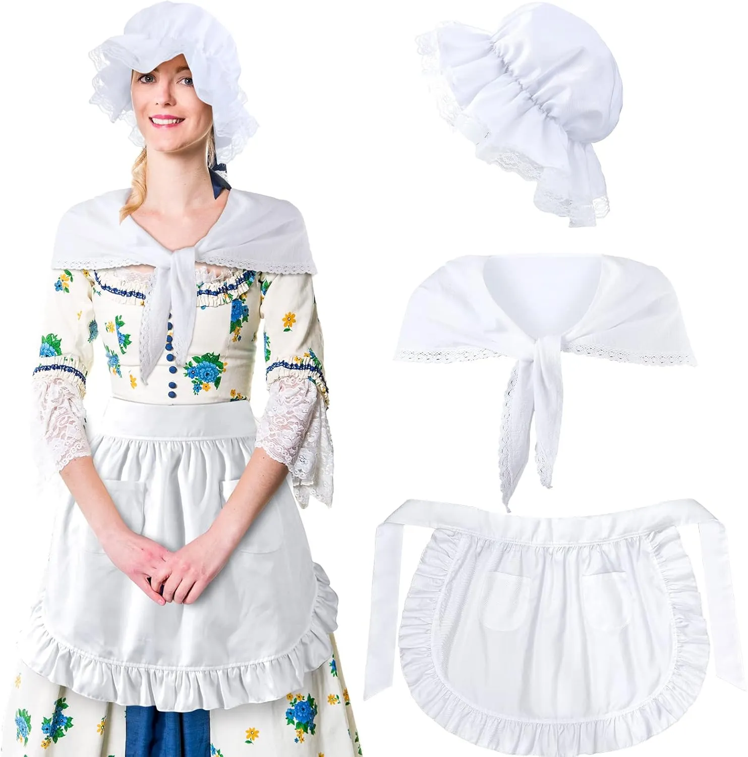 Hercicy Colonial Costume Set White Mob Cap Bonnet Shawl Waist Apron Pilgrim Costume Accessories for Women Girls