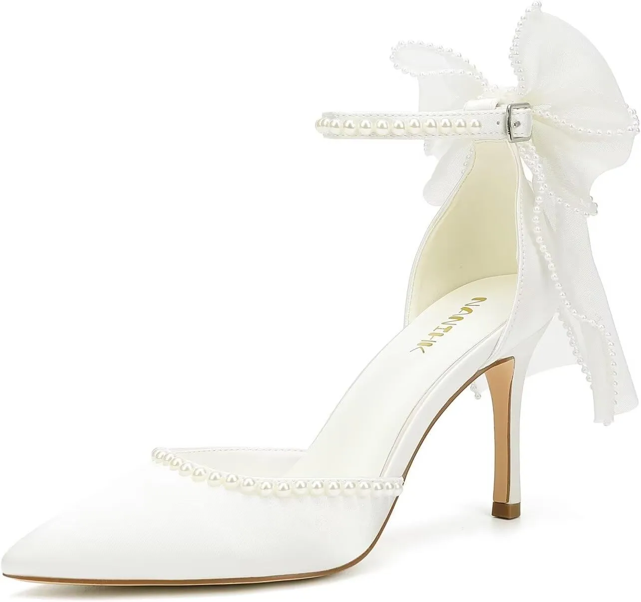 High Heel Wedding Shoes for Bride Pointed Toe Bridal Shoes Pearl Heels Bow Tie Back Wedding Heels