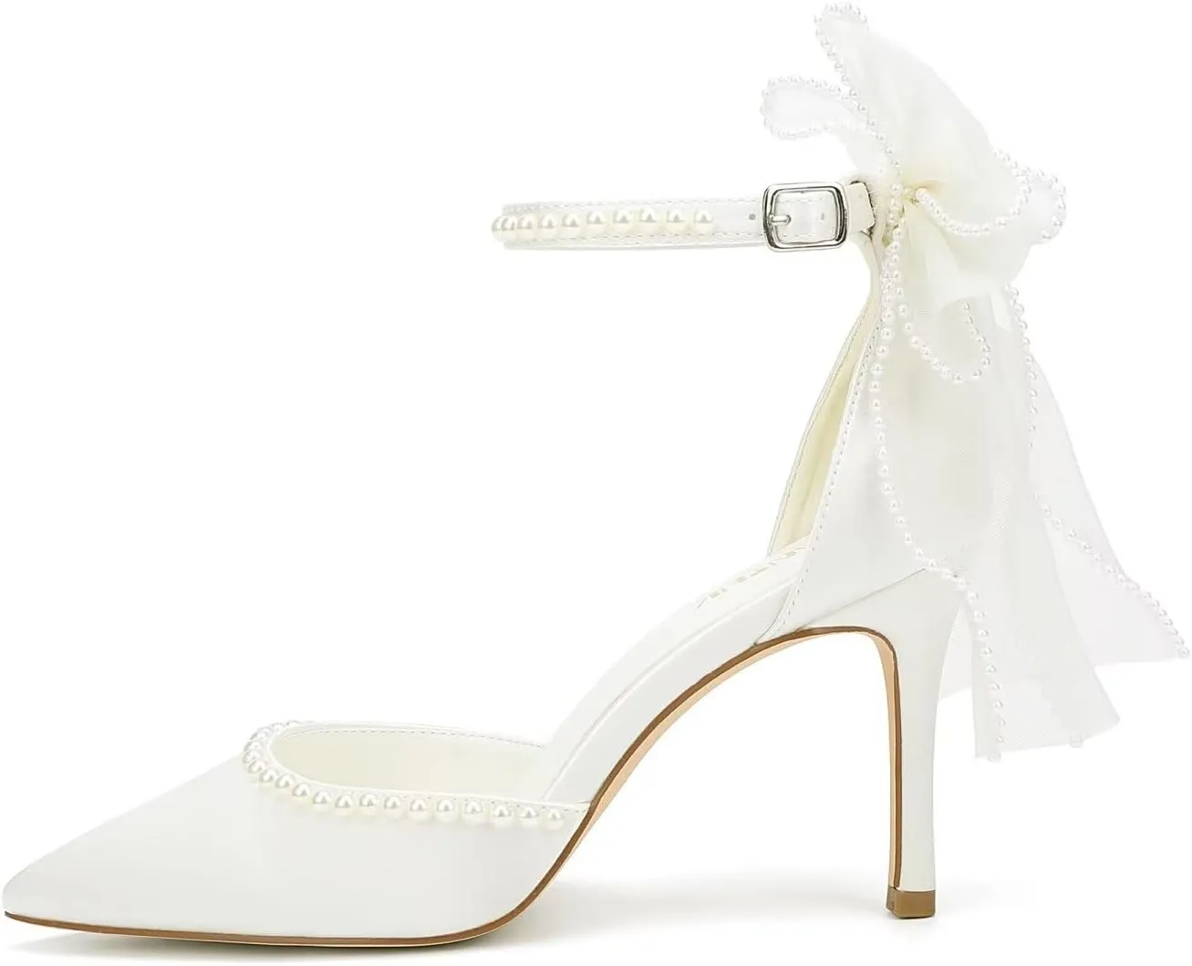 High Heel Wedding Shoes for Bride Pointed Toe Bridal Shoes Pearl Heels Bow Tie Back Wedding Heels
