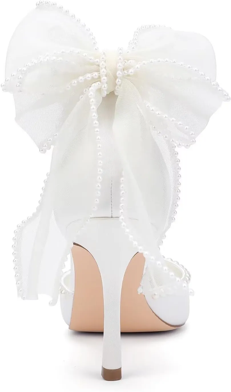 High Heel Wedding Shoes for Bride Pointed Toe Bridal Shoes Pearl Heels Bow Tie Back Wedding Heels