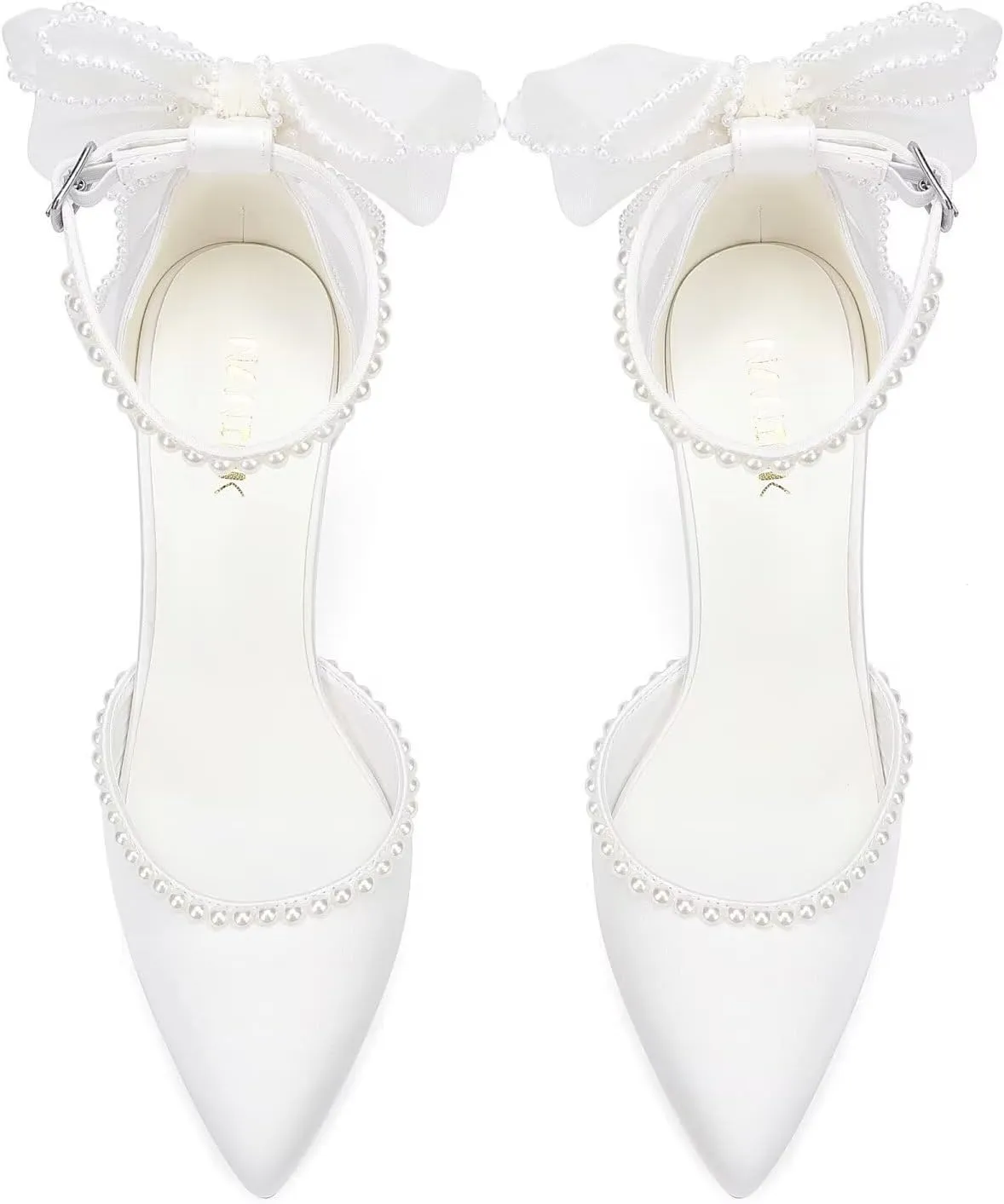 High Heel Wedding Shoes for Bride Pointed Toe Bridal Shoes Pearl Heels Bow Tie Back Wedding Heels