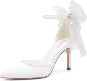 High Heel Wedding Shoes for Bride Pointed Toe Bridal Shoes Pearl Heels Bow Tie Back Wedding Heels