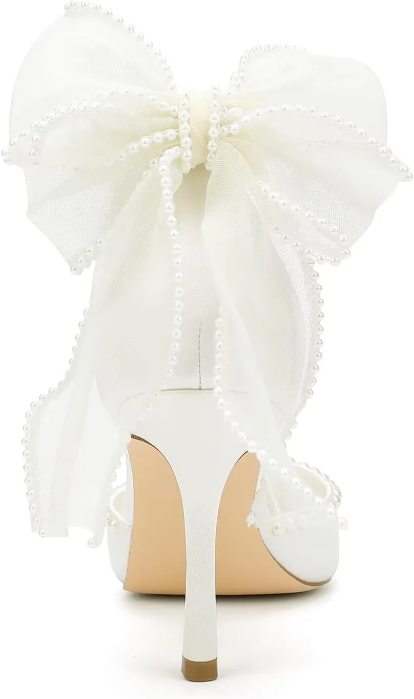 High Heel Wedding Shoes for Bride Pointed Toe Bridal Shoes Pearl Heels Bow Tie Back Wedding Heels