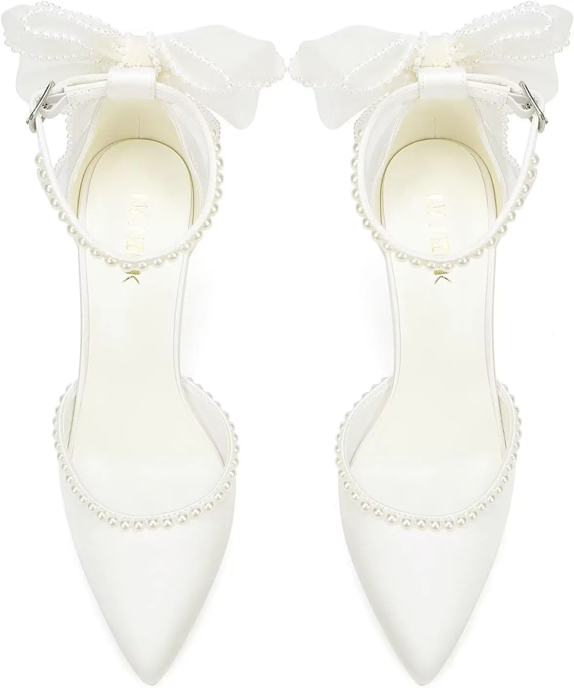 High Heel Wedding Shoes for Bride Pointed Toe Bridal Shoes Pearl Heels Bow Tie Back Wedding Heels