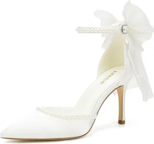 High Heel Wedding Shoes for Bride Pointed Toe Bridal Shoes Pearl Heels Bow Tie Back Wedding Heels