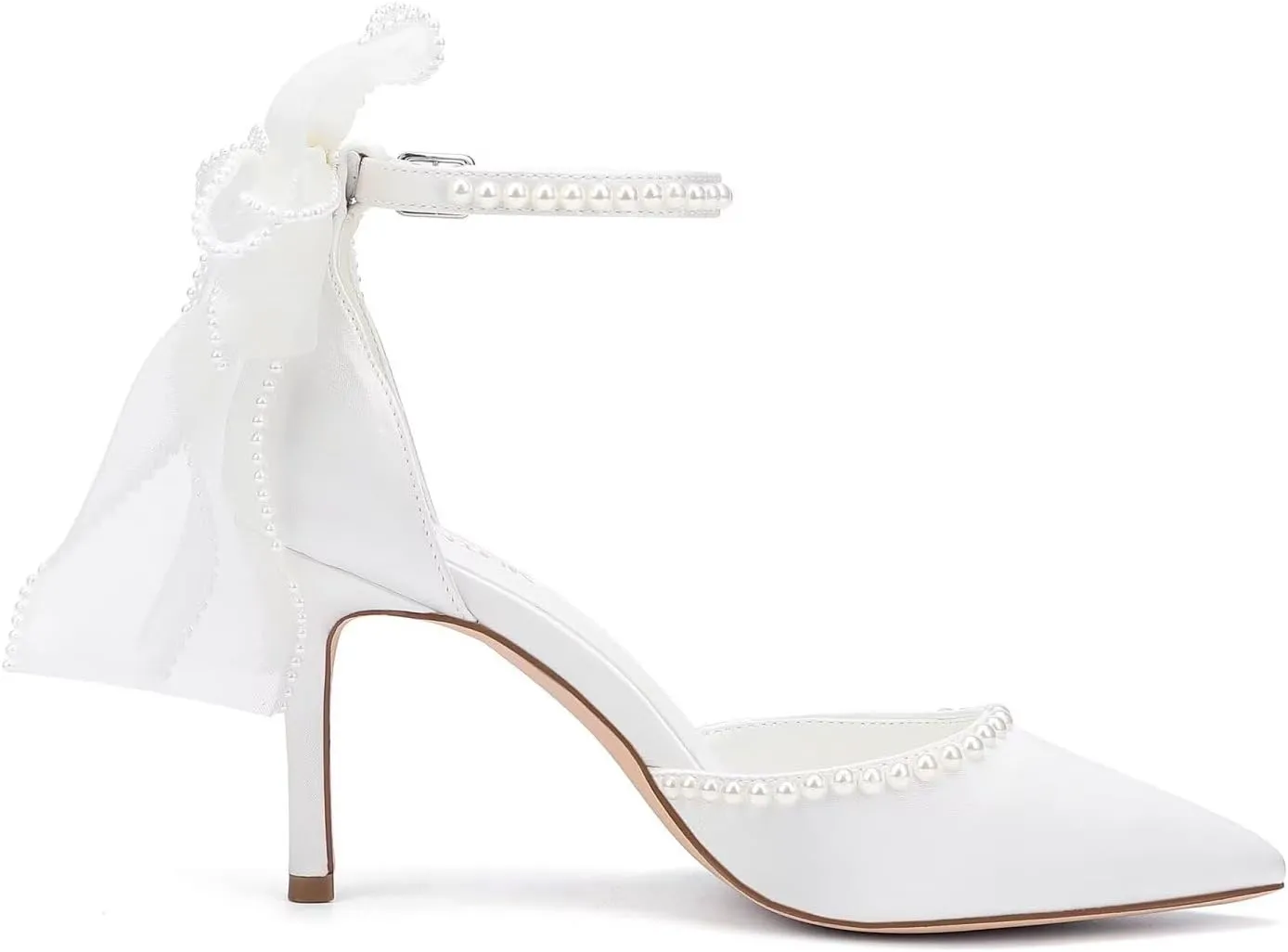 High Heel Wedding Shoes for Bride Pointed Toe Bridal Shoes Pearl Heels Bow Tie Back Wedding Heels