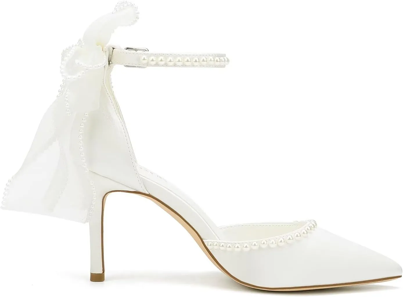 High Heel Wedding Shoes for Bride Pointed Toe Bridal Shoes Pearl Heels Bow Tie Back Wedding Heels