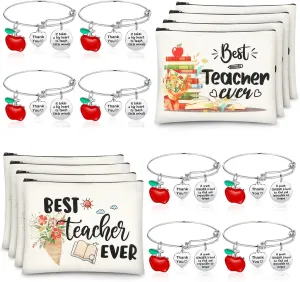 Highergo 16 Pcs Teacher Appreciation Gift Set for Women, 8 Makeup Pouch Cosmetic Bags and 8 Bangle Bracelets, Valentine Graduation Teachers Day Thank You Gifts(Round Style)