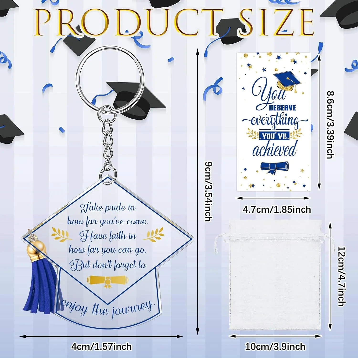 Highergo 48 Sets Graduation Gifts Bulk 2025 Include Grad Keychain, Organza Bags & Congratulations Cards Inspirational Graduation Party Favors for Guests College High School(Blue)