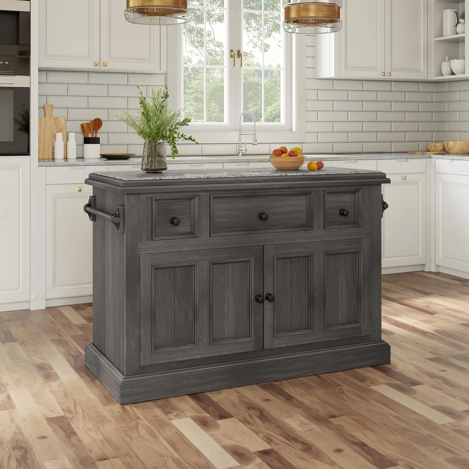 Hillsdale Tuscan Retreat ® Wood Kitchen Island with Granite Top, Wire Brush Gray