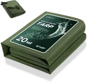 HIRALIY 20 Mil Heavy Duty Waterproof Tarp, 12x15ft Green Tarpaulin with Reinforced Webbing Loops, Multipurpose Oxford Canvas Tarp for Firewood, Roof, Camping, Pool