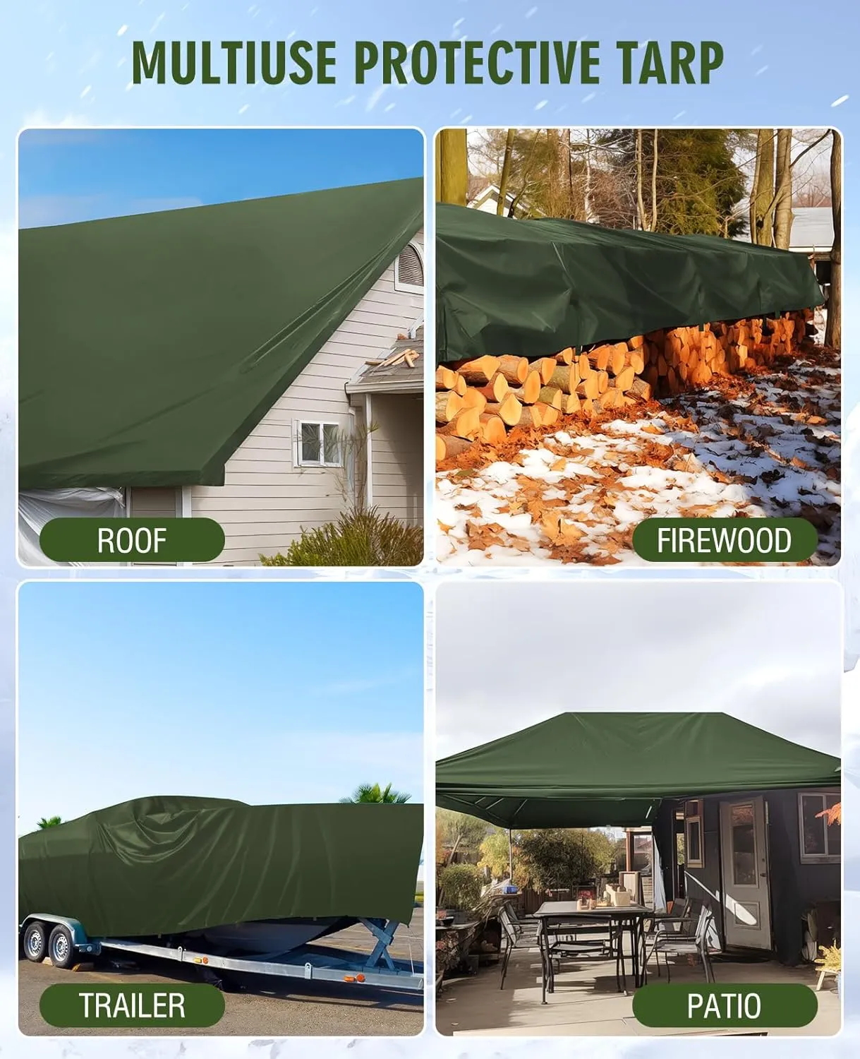 HIRALIY 20 Mil Heavy Duty Waterproof Tarp, 12x15ft Green Tarpaulin with Reinforced Webbing Loops, Multipurpose Oxford Canvas Tarp for Firewood, Roof, Camping, Pool