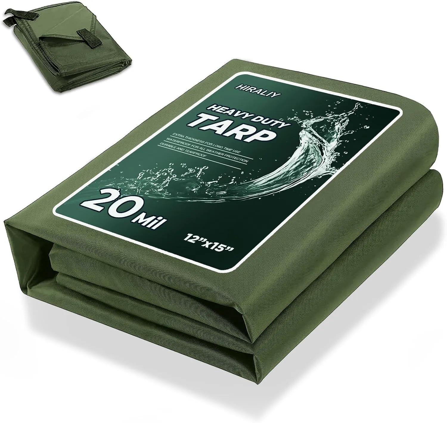 HIRALIY 20 Mil Heavy Duty Waterproof Tarp, 12x15ft Green Tarpaulin with Reinforced Webbing Loops, Multipurpose Oxford Canvas Tarp for Firewood, Roof, Camping, Pool