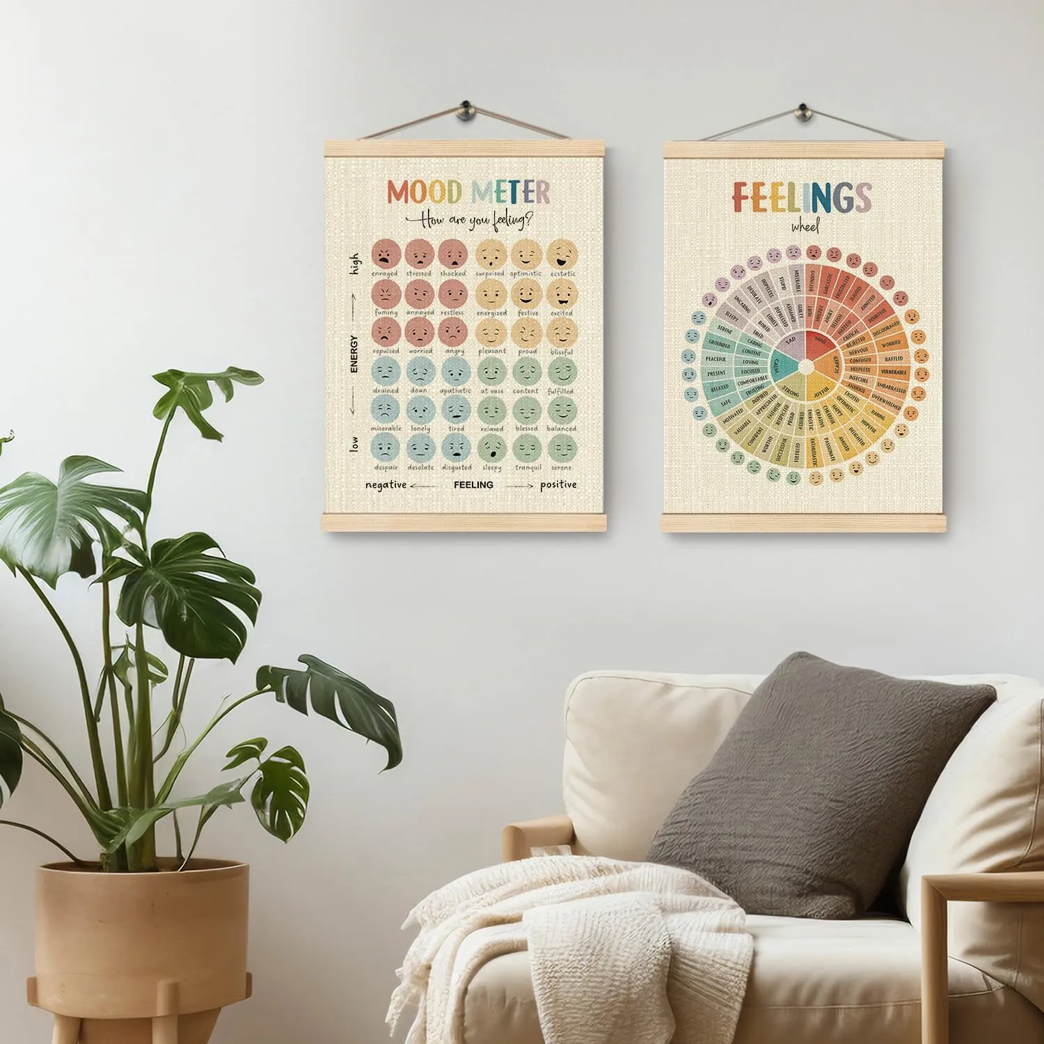HKTZM Mental Health Mood Meter Feelings Wheel Poster Hanger Frame 12.5×17 Inch, Feelings Wheel Emotions Chart Hanging Wall Decor for Kids Room Classroom School Office Calming Corner, Set of 2