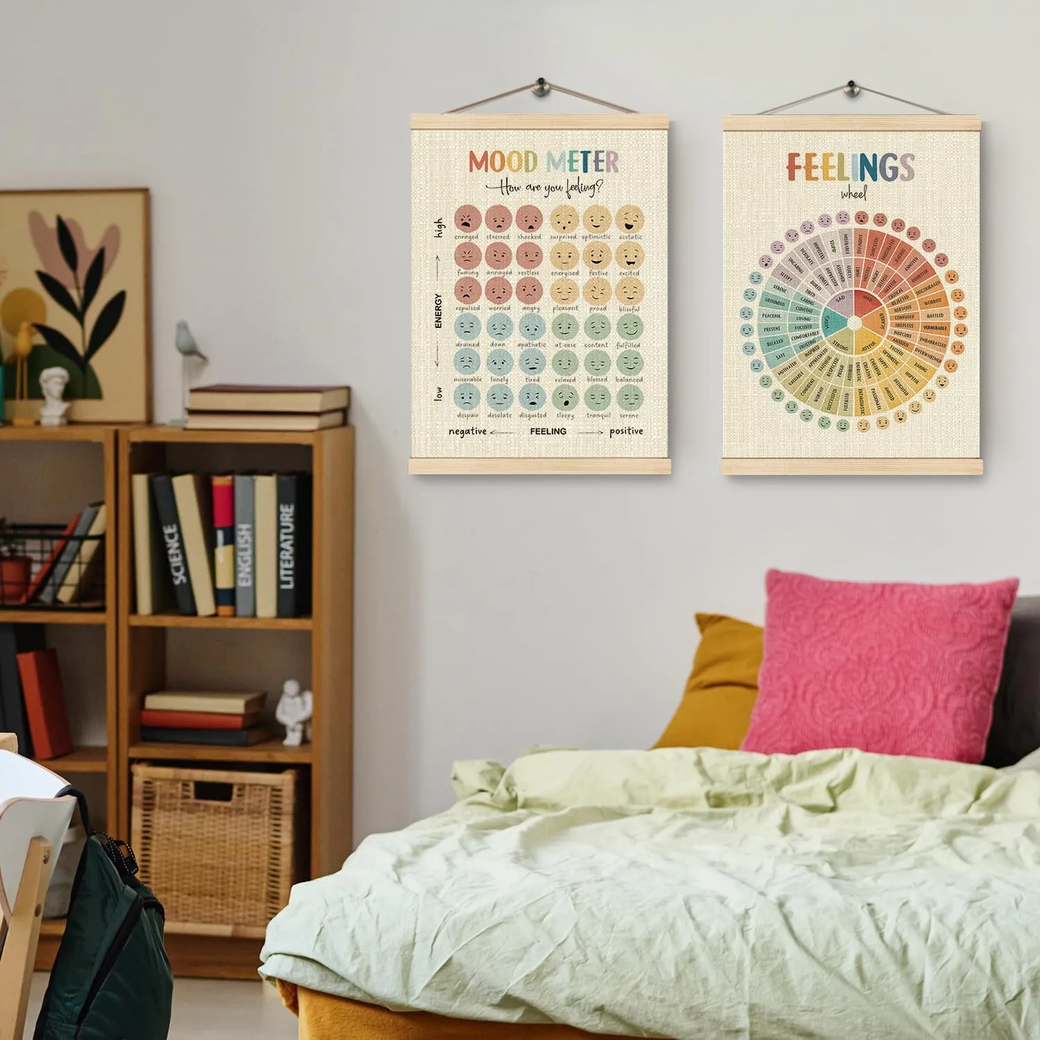 HKTZM Mental Health Mood Meter Feelings Wheel Poster Hanger Frame 12.5×17 Inch, Feelings Wheel Emotions Chart Hanging Wall Decor for Kids Room Classroom School Office Calming Corner, Set of 2