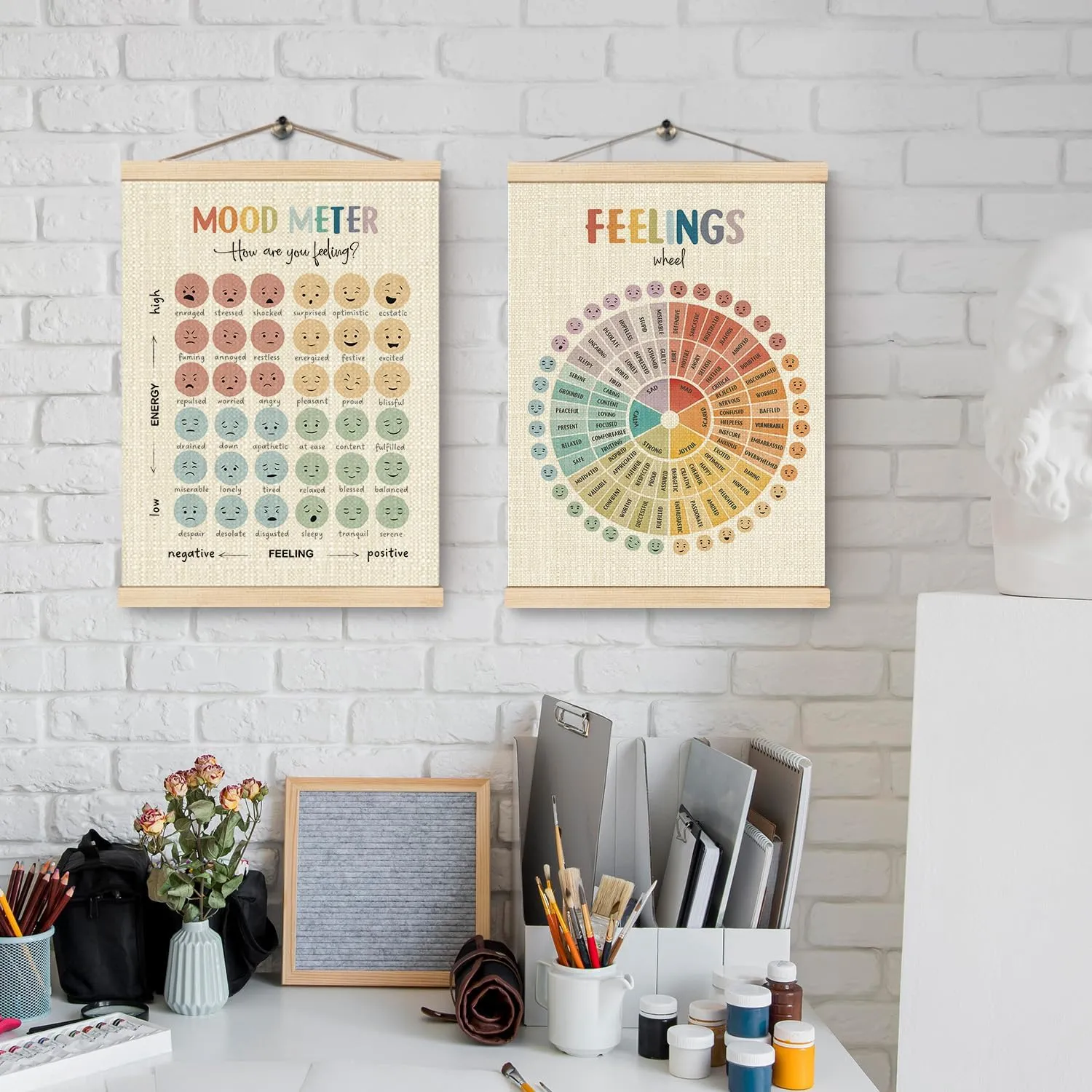 HKTZM Mental Health Mood Meter Feelings Wheel Poster Hanger Frame 12.5×17 Inch, Feelings Wheel Emotions Chart Hanging Wall Decor for Kids Room Classroom School Office Calming Corner, Set of 2