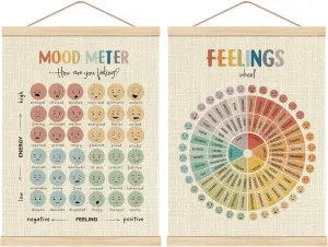 HKTZM Mental Health Mood Meter Feelings Wheel Poster Hanger Frame 12.5×17 Inch, Feelings Wheel Emotions Chart Hanging Wall Decor for Kids Room Classroom School Office Calming Corner, Set of 2