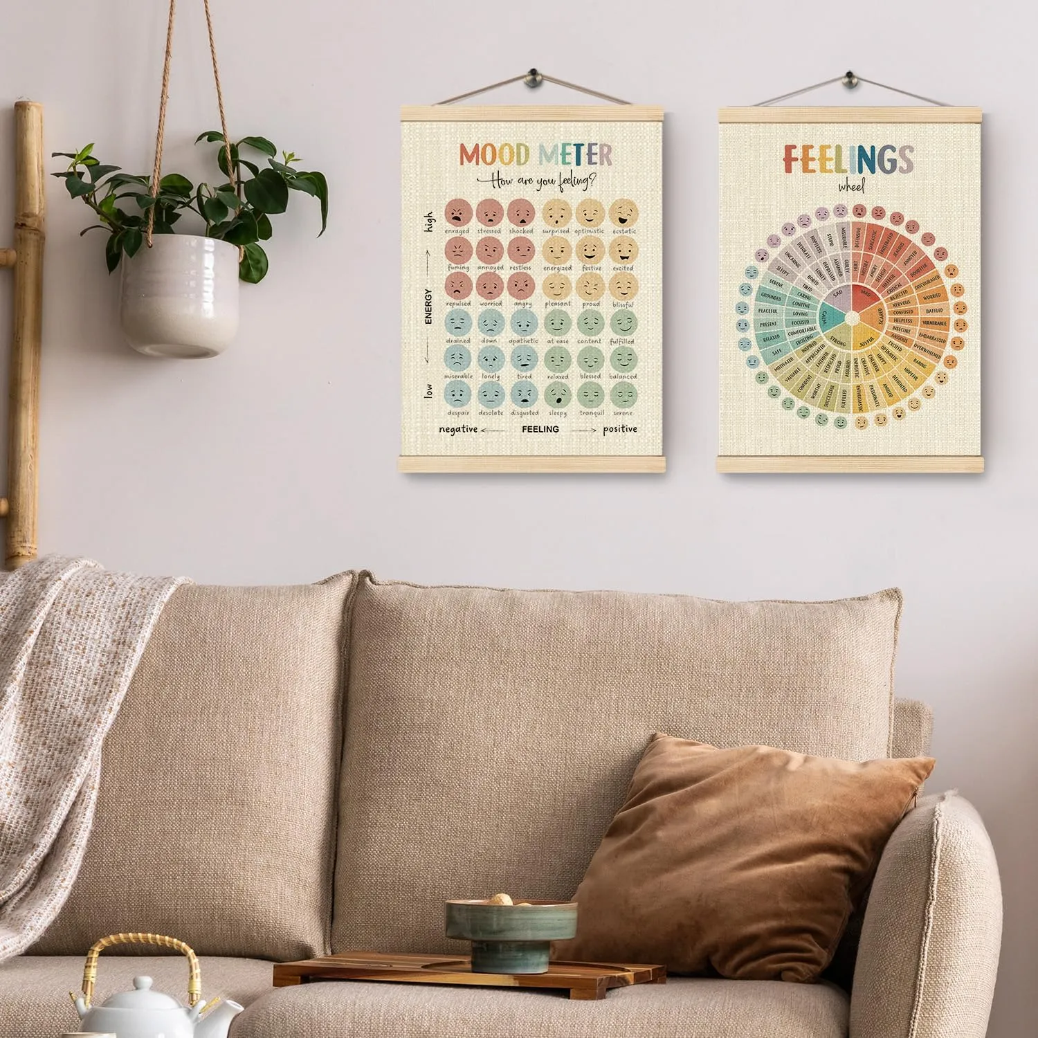 HKTZM Mental Health Mood Meter Feelings Wheel Poster Hanger Frame 12.5×17 Inch, Feelings Wheel Emotions Chart Hanging Wall Decor for Kids Room Classroom School Office Calming Corner, Set of 2