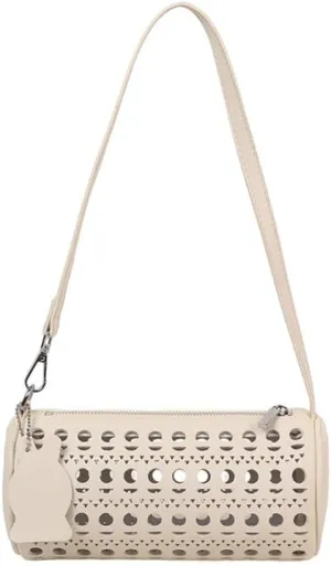 Hollowed-out Cylinder Shaped Crossbody Bag PU Leather Perforated Carved Barrel Shoulder Purse,Novelty Funny Circular Satchel