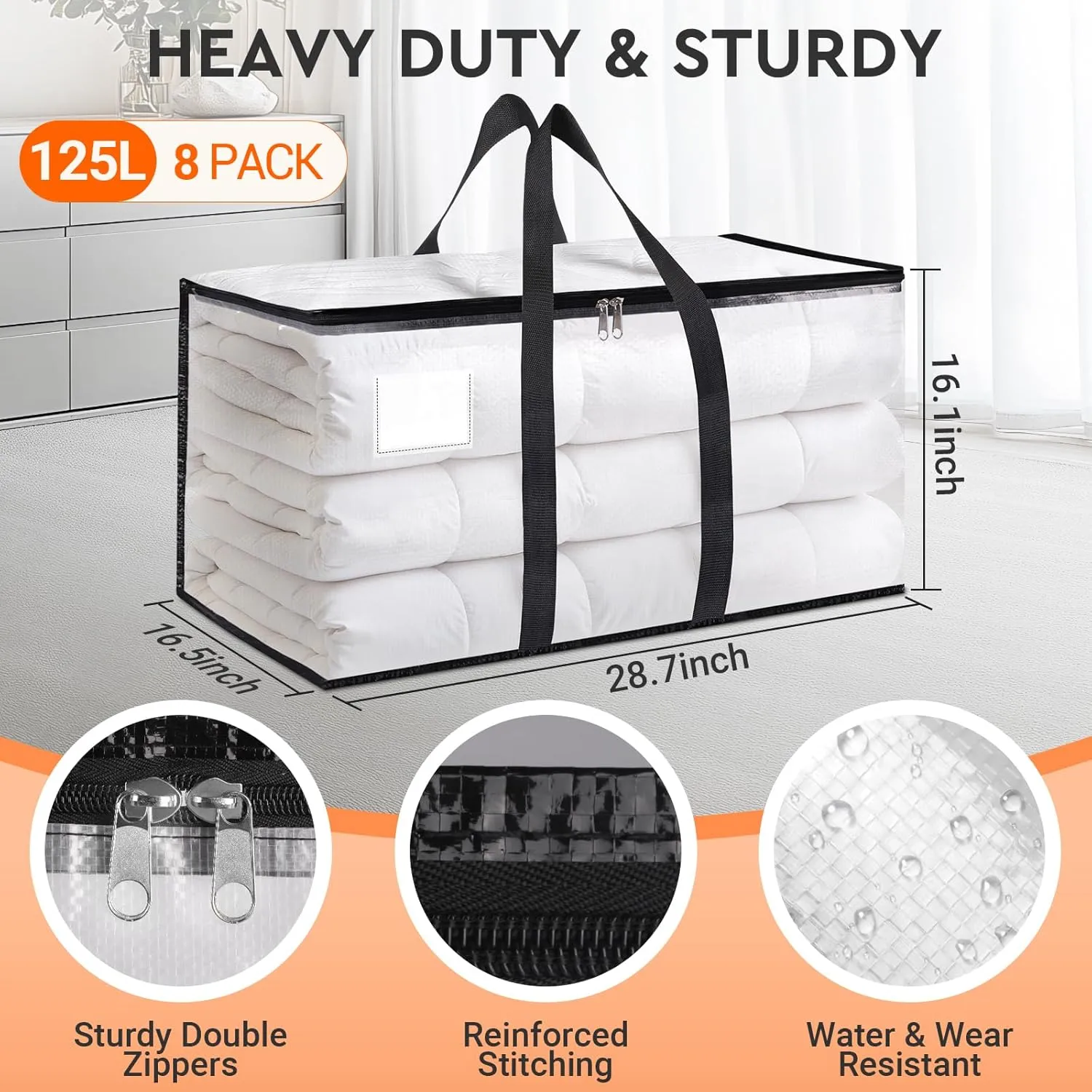 HomeHacks Clear Moving Bags Heavy Duty 8 Pack, Storage Bags with Zipper, Extra Thick Handles & Waterproof Packing Boxes for Moving, Camping, Home Organization 125L/33Gal (28.7"x16.5"x16.1")