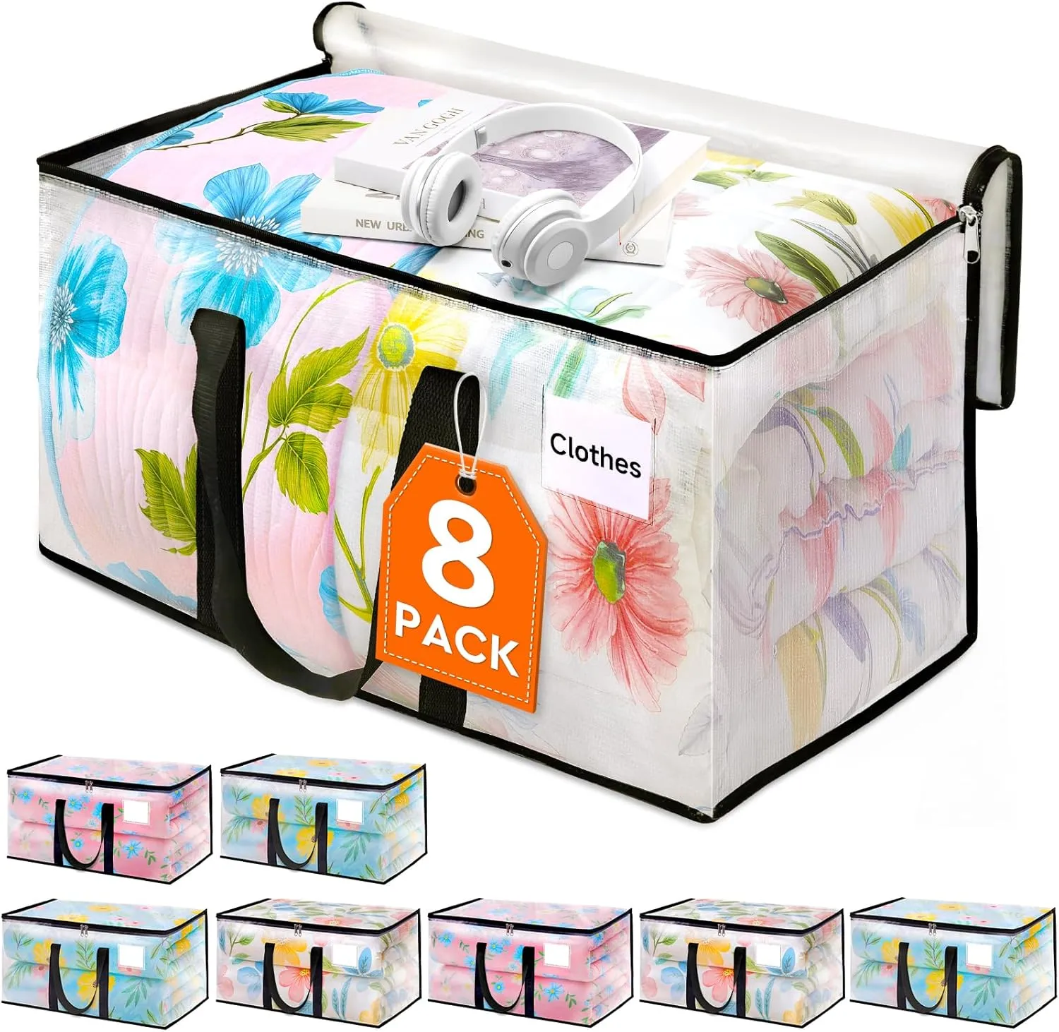 HomeHacks Clear Moving Bags Heavy Duty 8 Pack, Storage Bags with Zipper, Extra Thick Handles & Waterproof Packing Boxes for Moving, Camping, Home Organization 125L/33Gal (28.7"x16.5"x16.1")