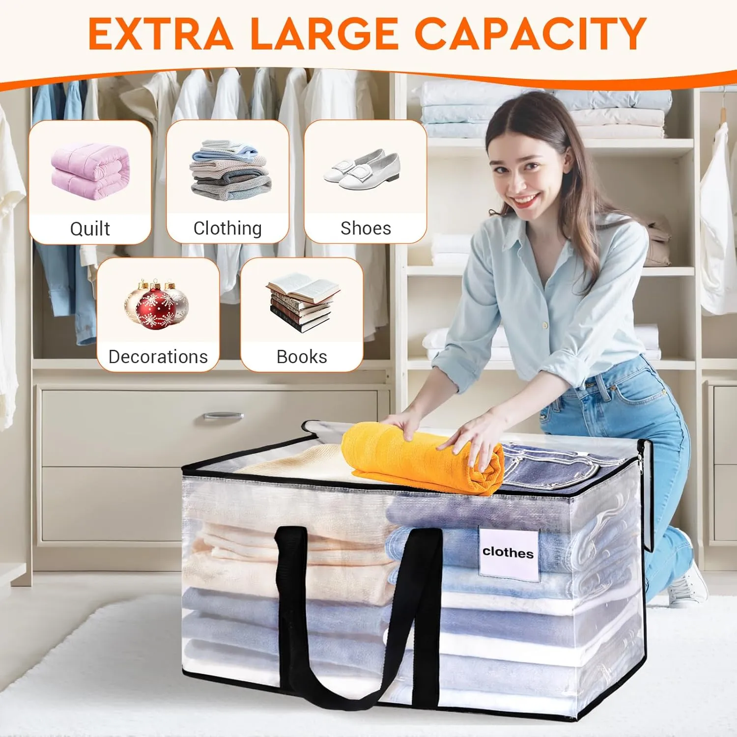 HomeHacks Clear Moving Bags Heavy Duty 8 Pack, Storage Bags with Zipper, Extra Thick Handles & Waterproof Packing Boxes for Moving, Camping, Home Organization 125L/33Gal (28.7"x16.5"x16.1")