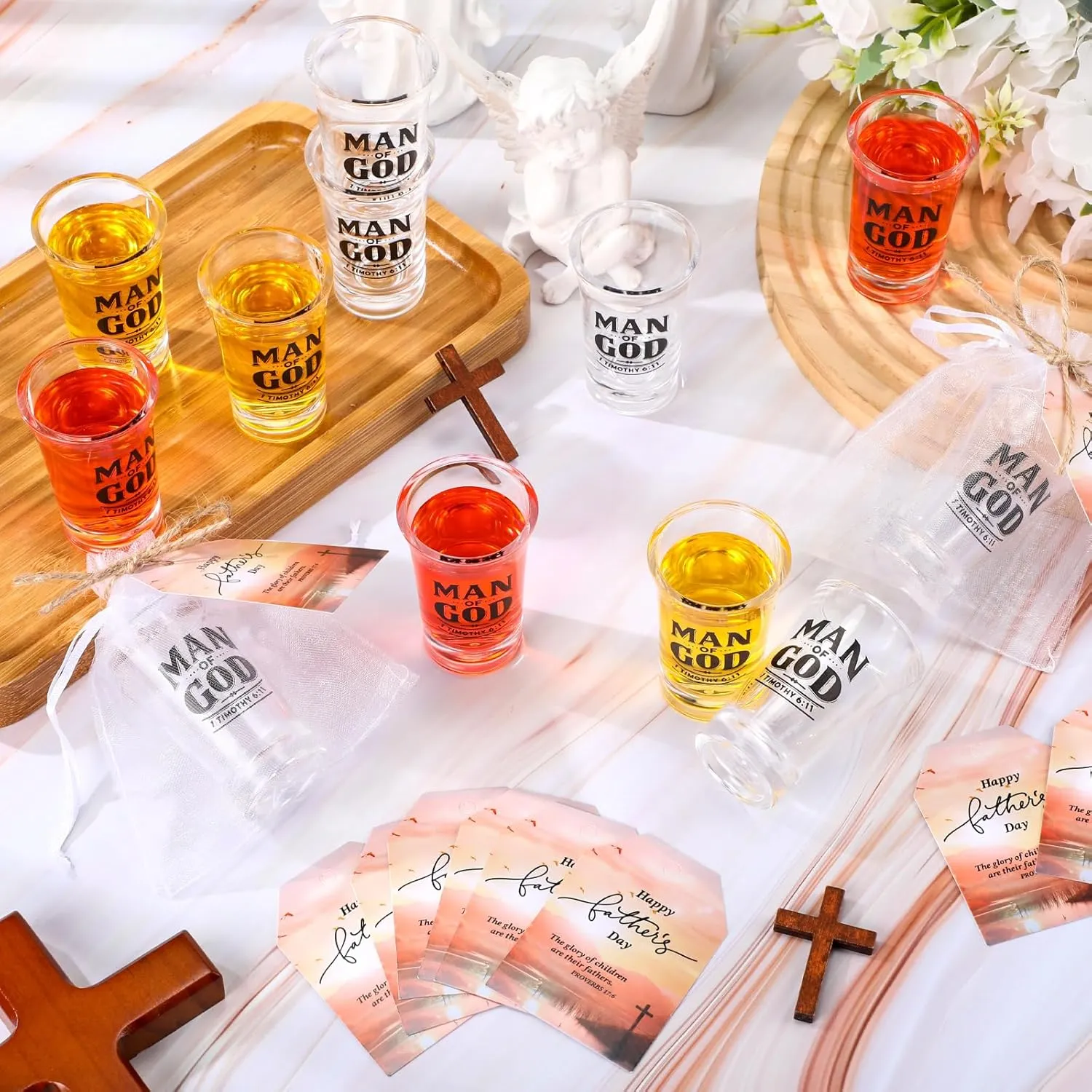 Honeydak 20 Sets Fathers Day Gifts for Church Man of God Christian Gifts 1.2 oz Man of God Shot Glasses with Cards Gift Bags and Rope for Church Pastors Father's Day Party Supplies