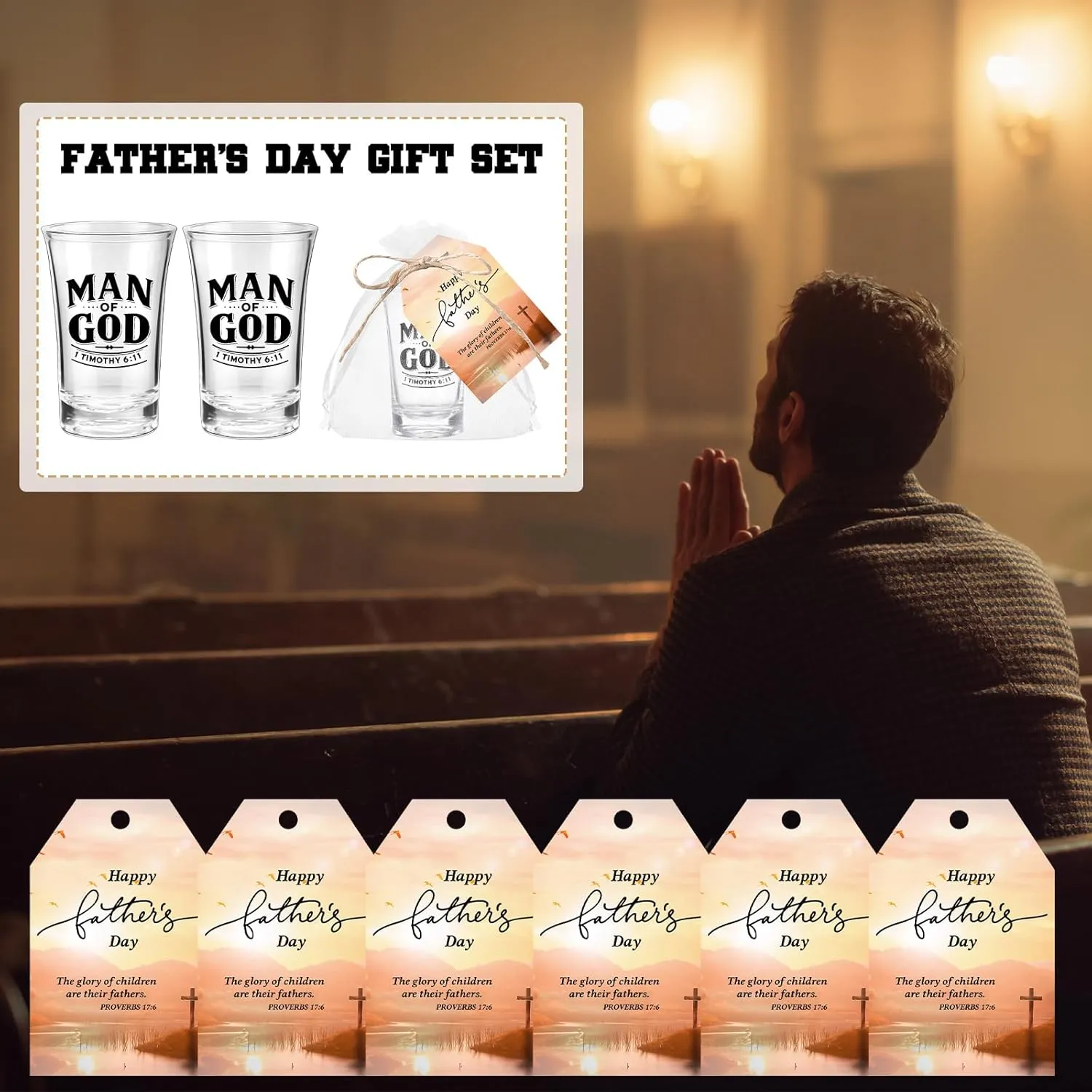 Honeydak 20 Sets Fathers Day Gifts for Church Man of God Christian Gifts 1.2 oz Man of God Shot Glasses with Cards Gift Bags and Rope for Church Pastors Father's Day Party Supplies
