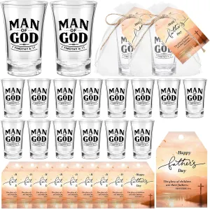 Honeydak 20 Sets Fathers Day Gifts for Church Man of God Christian Gifts 1.2 oz Man of God Shot Glasses with Cards Gift Bags and Rope for Church Pastors Father's Day Party Supplies
