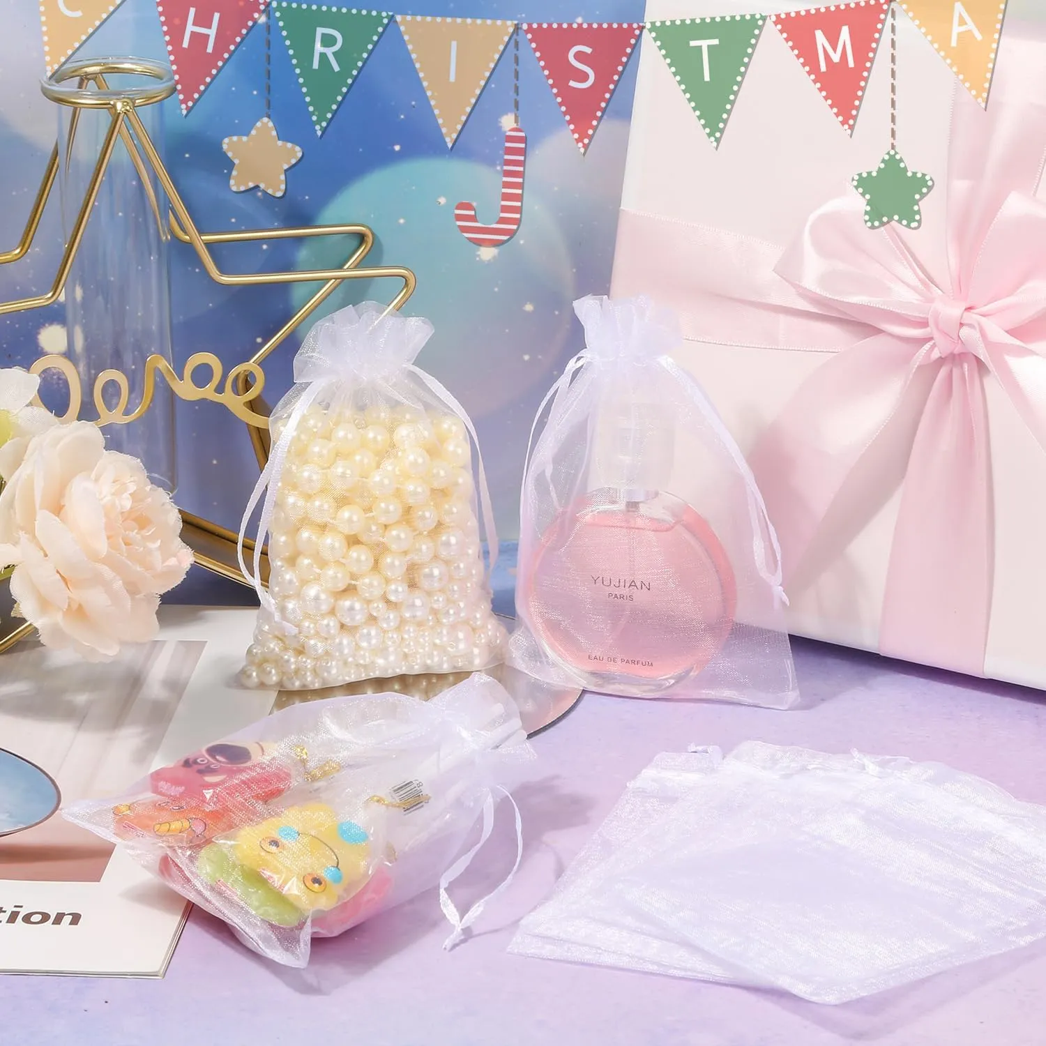 Hopttreely 100PCS Premium Sheer Organza Bags, White Wedding Favor Bags, 4x4.72 Jewelry Gift Bags for Party, Jewelry, Christmas, Festival, Bathroom Soaps, Makeup Organza, Wrapping Supplie