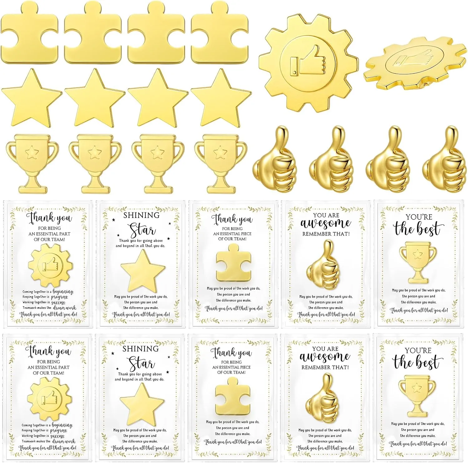 Hotop Employee Appreciation Gifts Bulk 5 Styles Puzzle Piece Thumbs up Stars Trophy Gears Lapel Pins with Thank You Cards Organza Bags Team Appreciation Building Recognition Holiday Gifts