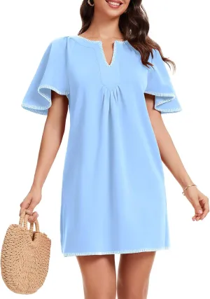 HOULENGS Women's Summer Ruffle Short Sleeve A Line Mini Dress Casual Contrast Trim V Neck Short Dress with Pockets