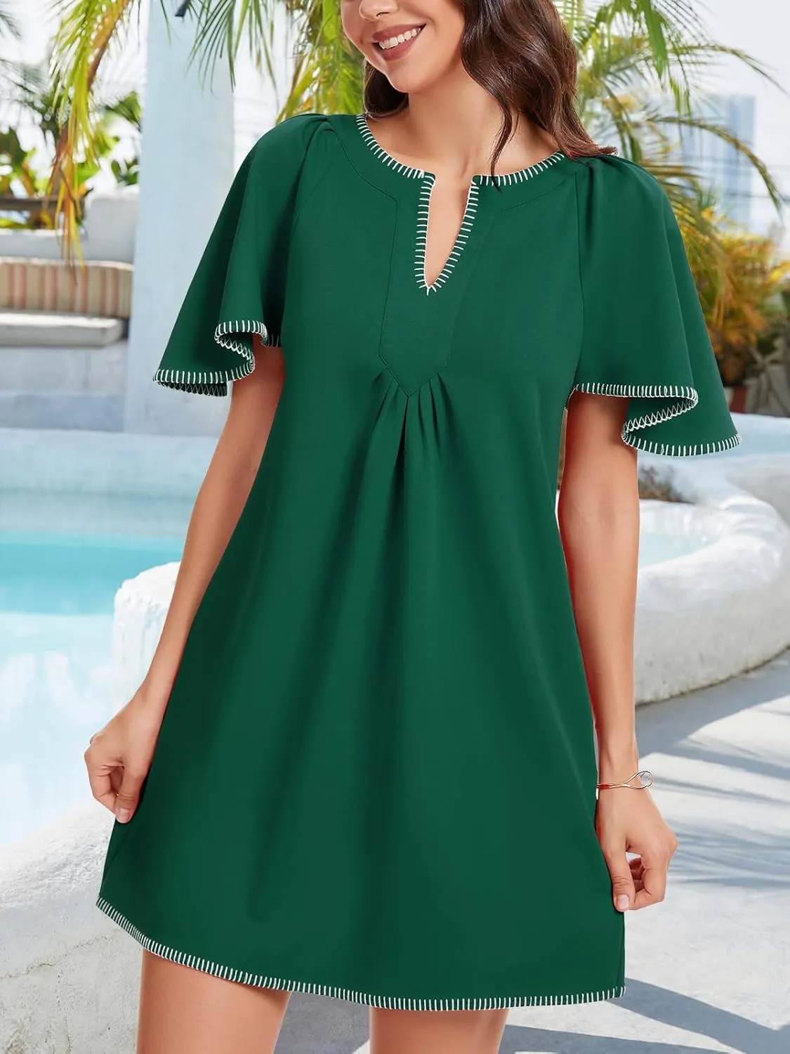 HOULENGS Women's Summer Ruffle Short Sleeve A Line Mini Dress Casual Contrast Trim V Neck Short Dress with Pockets