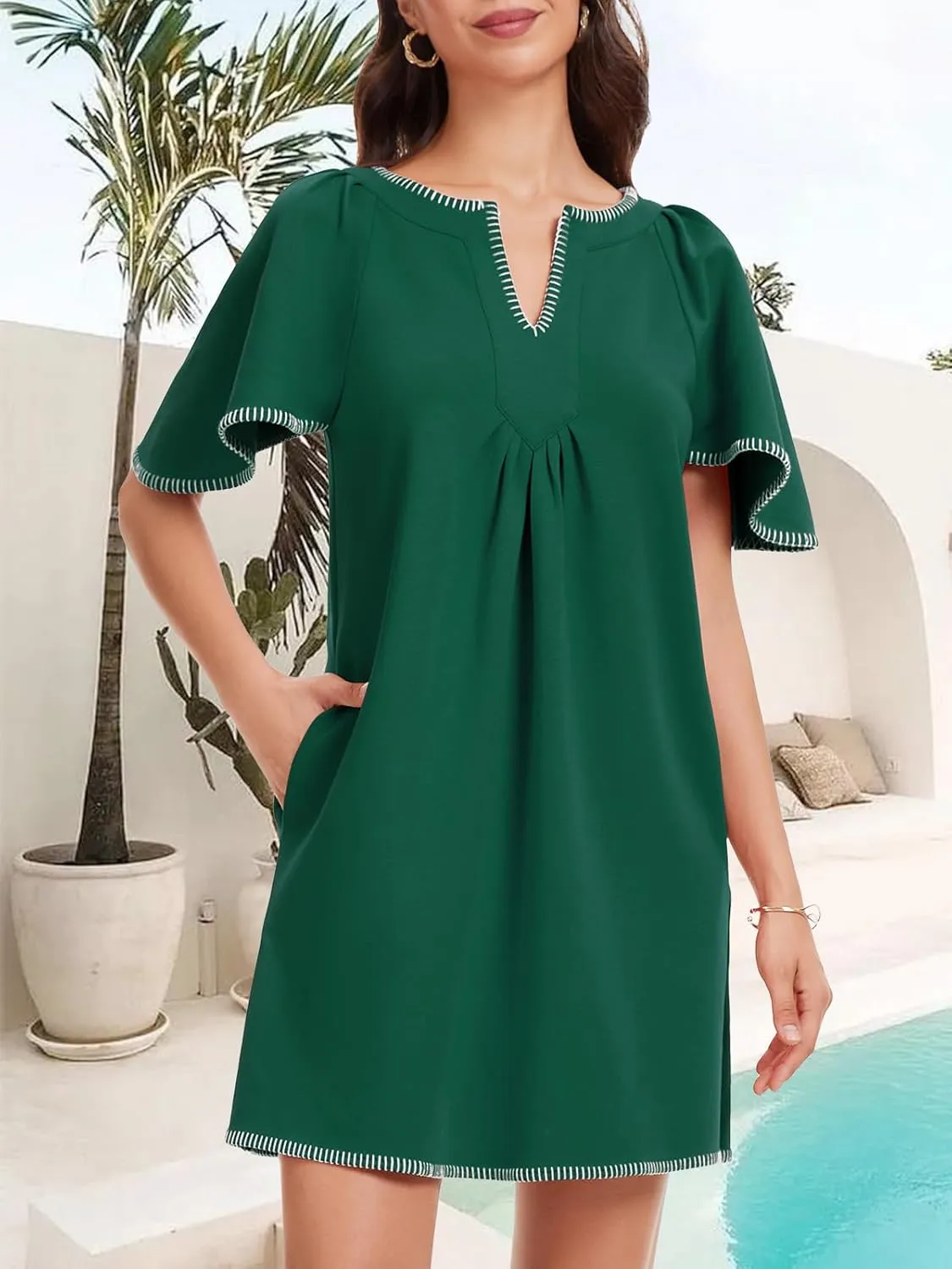 HOULENGS Women's Summer Ruffle Short Sleeve A Line Mini Dress Casual Contrast Trim V Neck Short Dress with Pockets