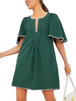 HOULENGS Women's Summer Ruffle Short Sleeve A Line Mini Dress Casual Contrast Trim V Neck Short Dress with Pockets