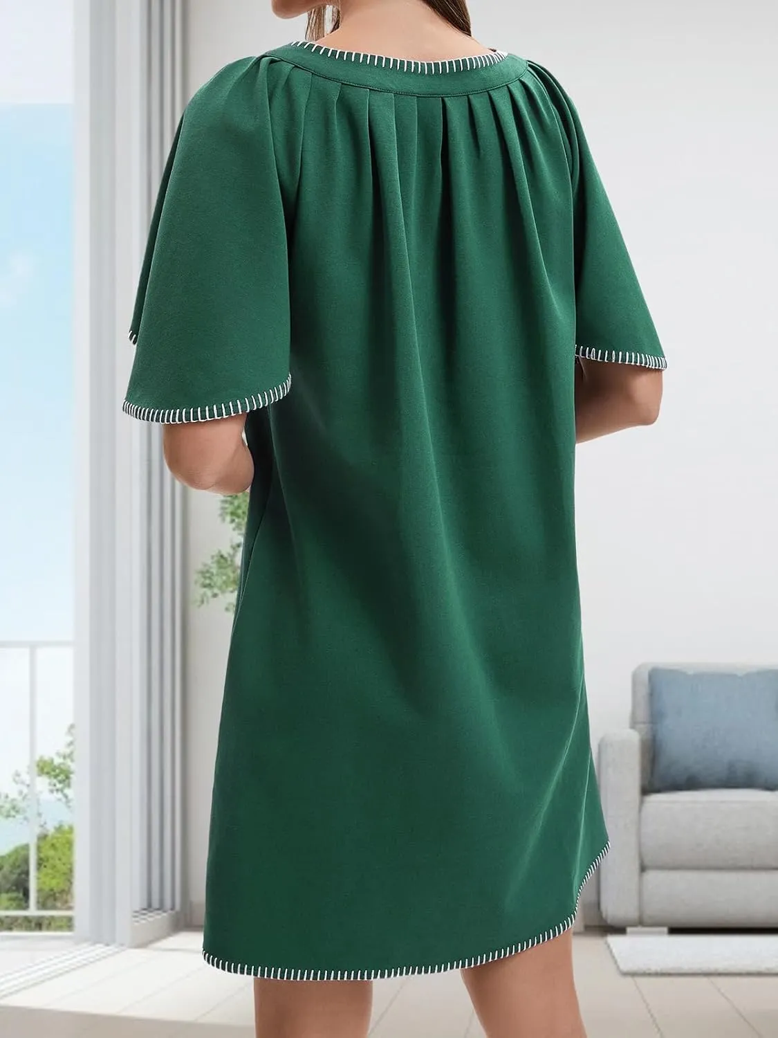 HOULENGS Women's Summer Ruffle Short Sleeve A Line Mini Dress Casual Contrast Trim V Neck Short Dress with Pockets