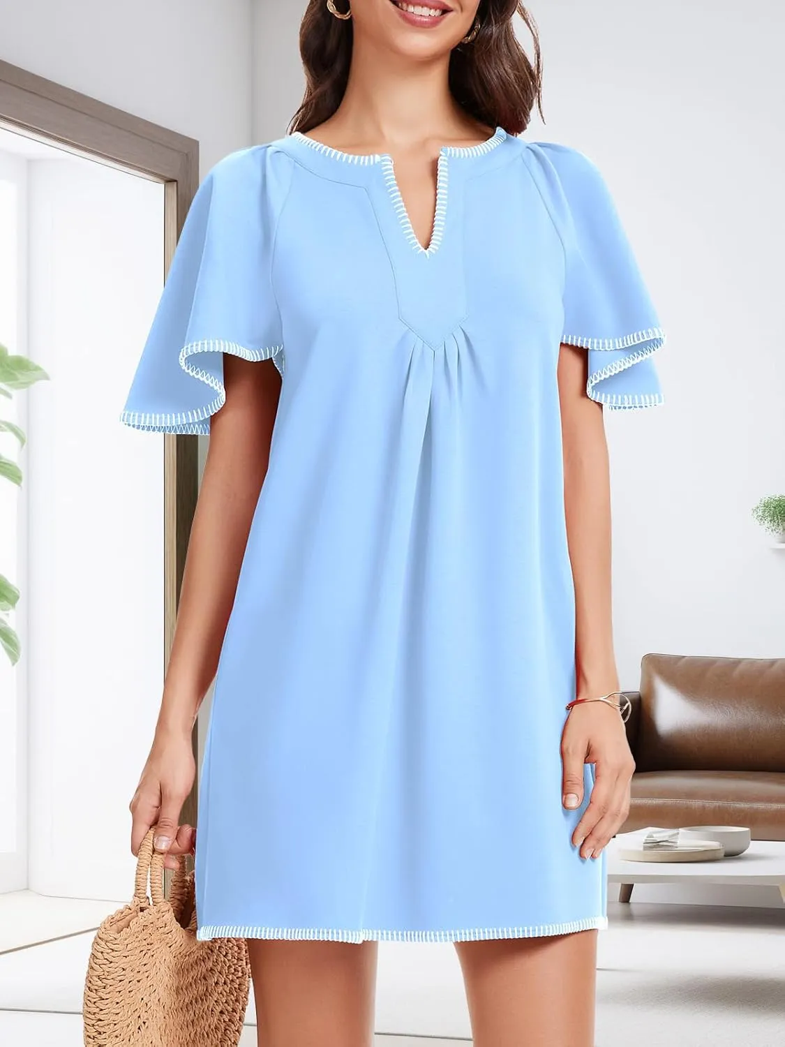 HOULENGS Women's Summer Ruffle Short Sleeve A Line Mini Dress Casual Contrast Trim V Neck Short Dress with Pockets